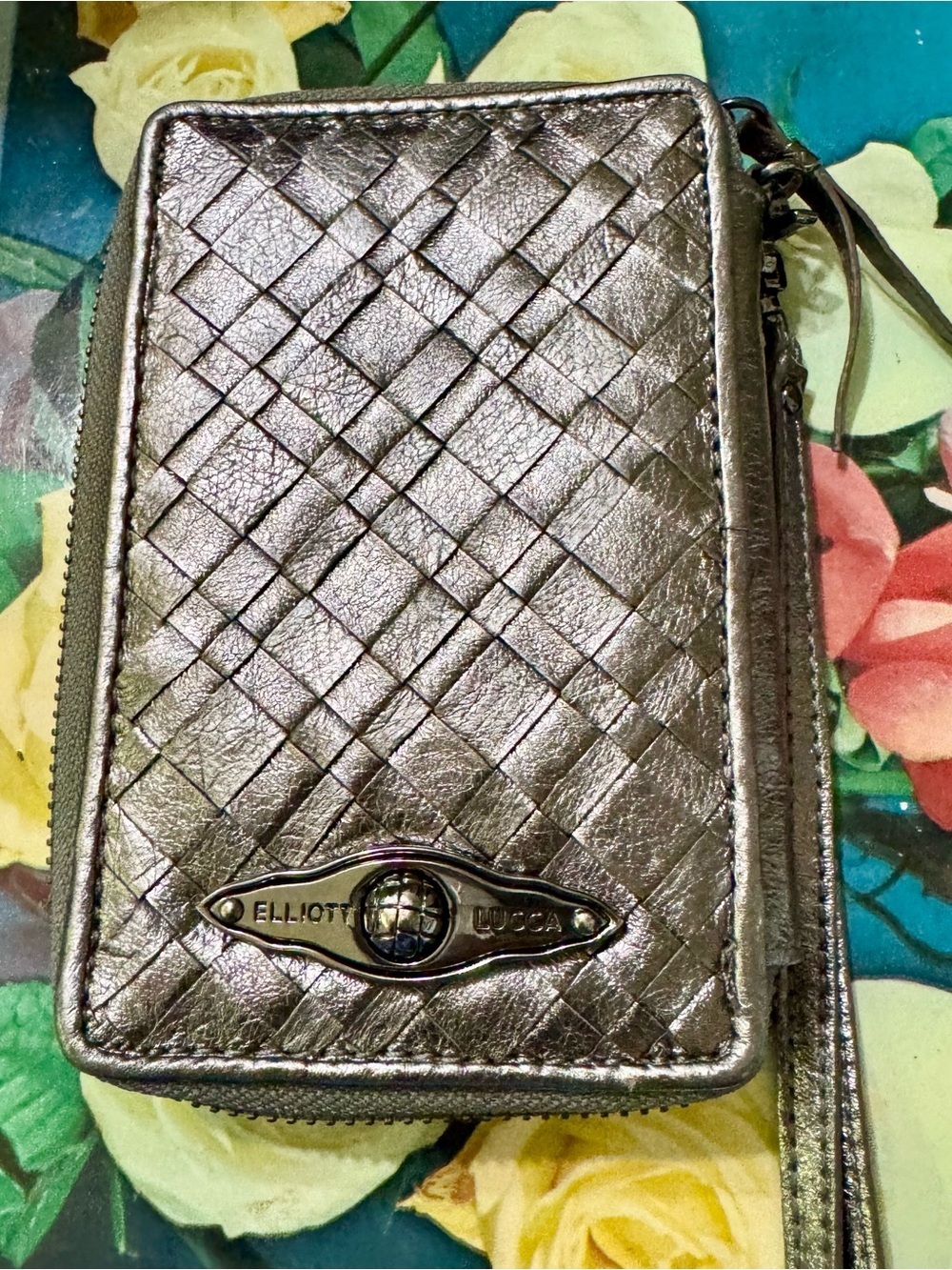 Elliott Lucca Metallic Silver Woven Zip Phone Wallet